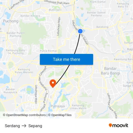 Serdang to Sepang map