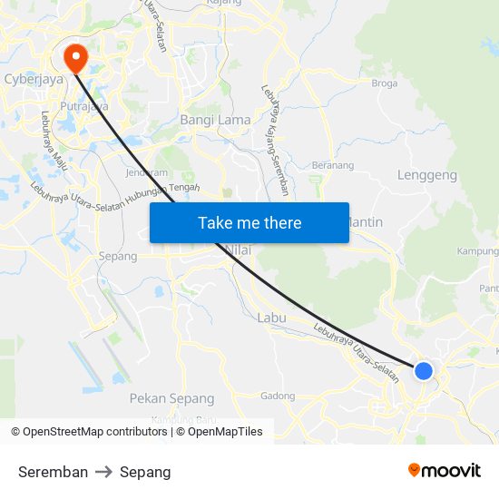 Seremban to Sepang map