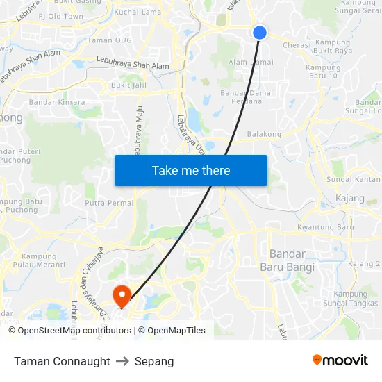 Taman Connaught to Sepang map