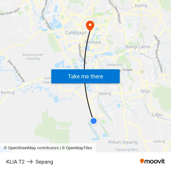 KLIA T2 to Sepang map