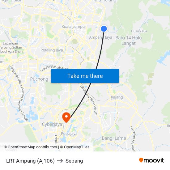 LRT Ampang (Aj106) to Sepang map