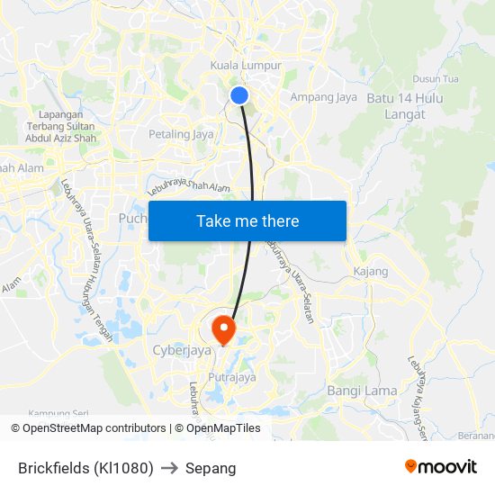 Brickfields (Kl1080) to Sepang map