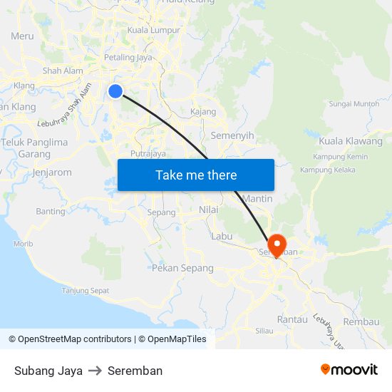 Subang Jaya to Seremban map