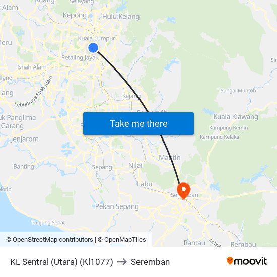 KL Sentral (Utara) (Kl1077) to Seremban map