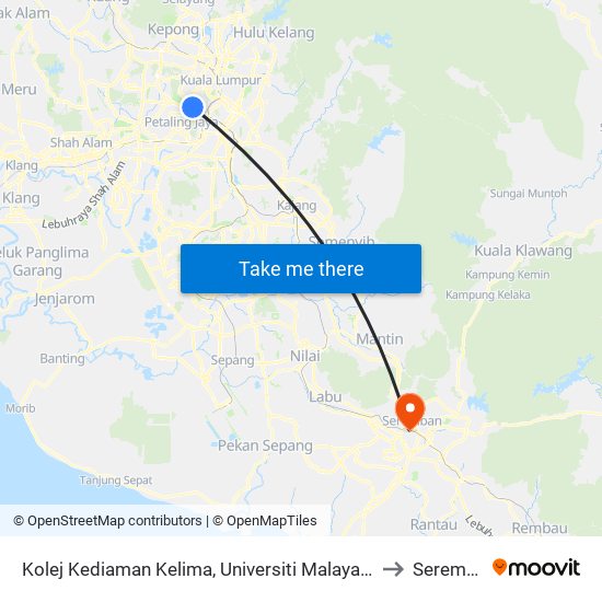 Kolej Kediaman Kelima, Universiti Malaya (Kl2343) to Seremban map