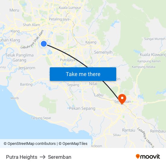 Putra Heights to Seremban map