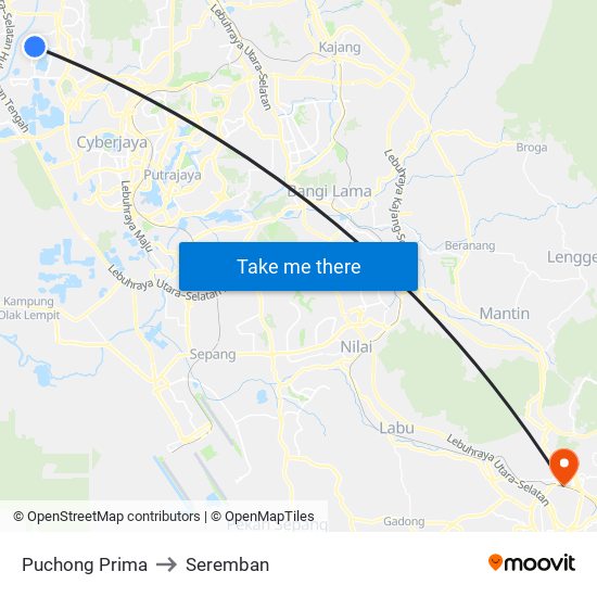 Puchong Prima to Seremban map