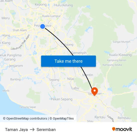 Taman Jaya to Seremban map