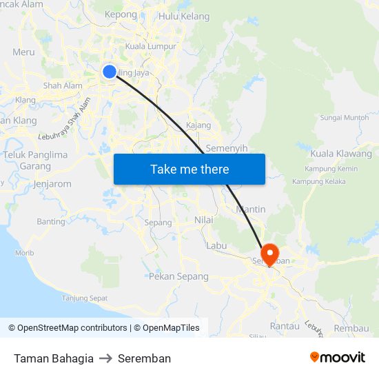 Taman Bahagia to Seremban map