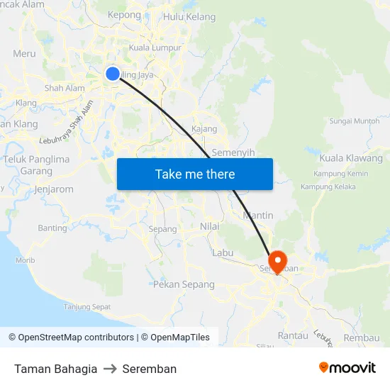 Taman Bahagia to Seremban map