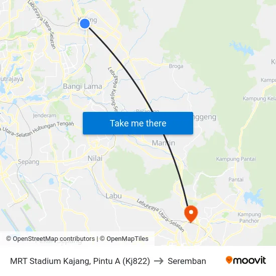 MRT Stadium Kajang, Pintu A (Kj822) to Seremban map