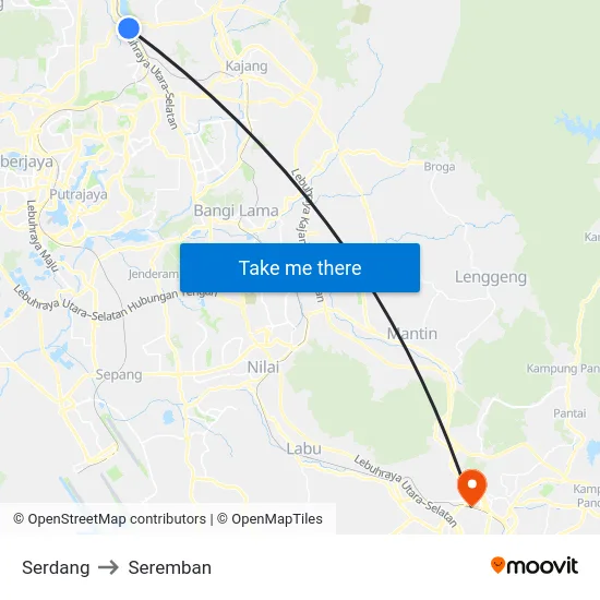 Serdang to Seremban map