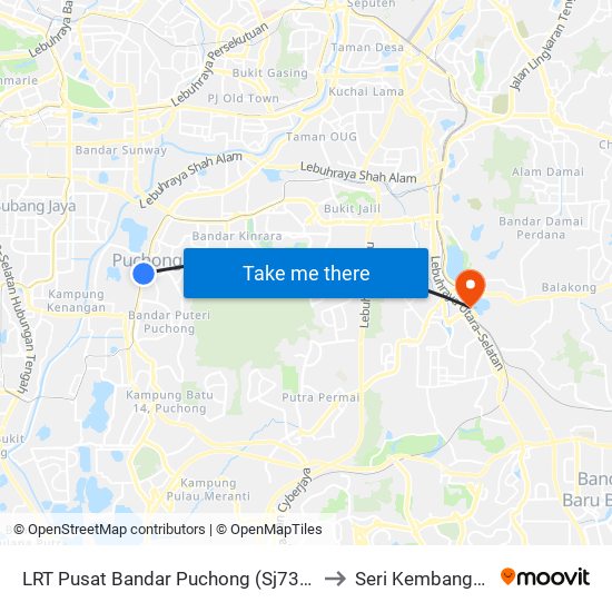 LRT Pusat Bandar Puchong (Sj735) to Seri Kembangan map
