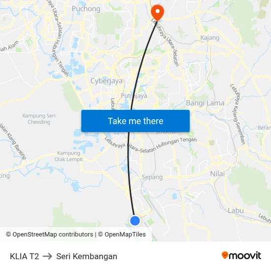 KLIA T2 to Seri Kembangan map