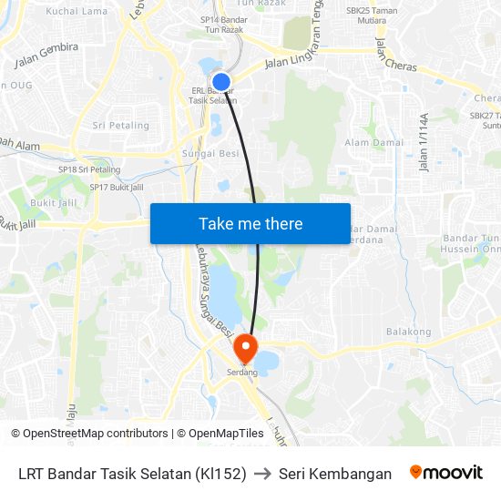 LRT Bandar Tasik Selatan (Kl152) to Seri Kembangan map