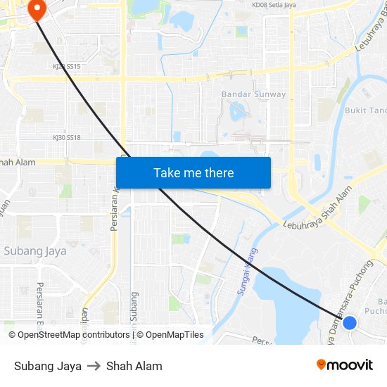 Subang Jaya to Shah Alam map