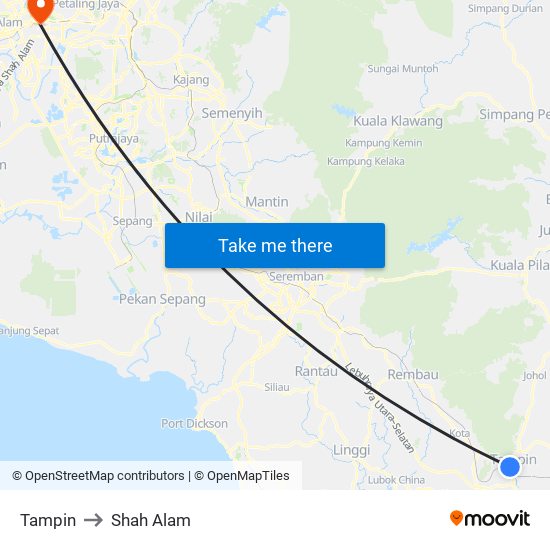 Tampin to Shah Alam map