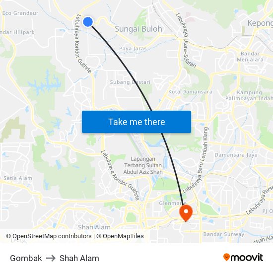 Gombak to Shah Alam map