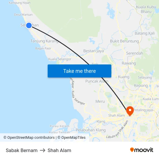 Sabak Bernam to Shah Alam map
