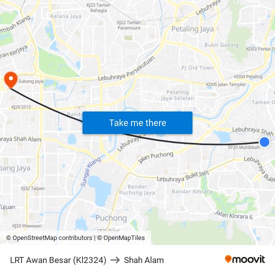 LRT Awan Besar (Kl2324) to Shah Alam map