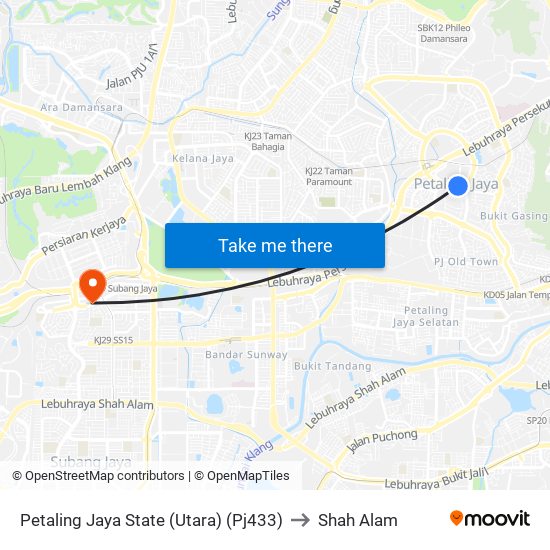 Petaling Jaya State (Utara) (Pj433) to Shah Alam map