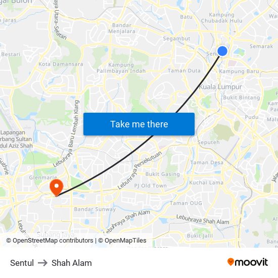 Sentul to Shah Alam map