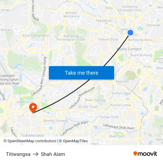 Titiwangsa to Shah Alam map