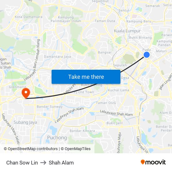 Chan Sow Lin to Shah Alam map