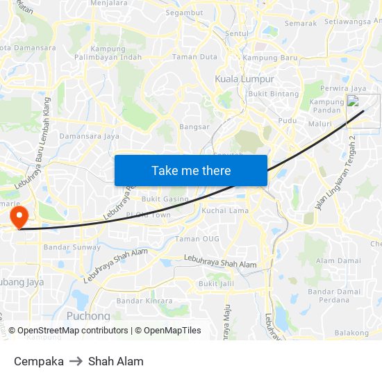 Cempaka to Shah Alam map