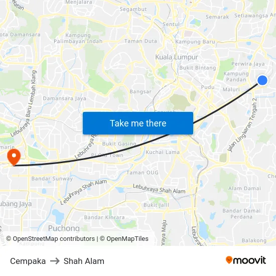 Cempaka to Shah Alam map