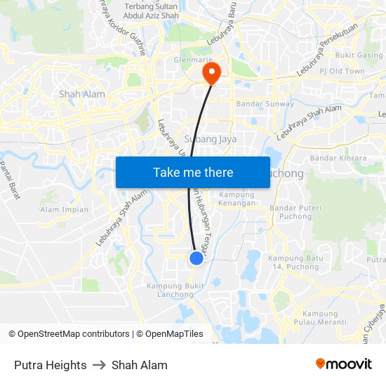 Putra Heights to Shah Alam map