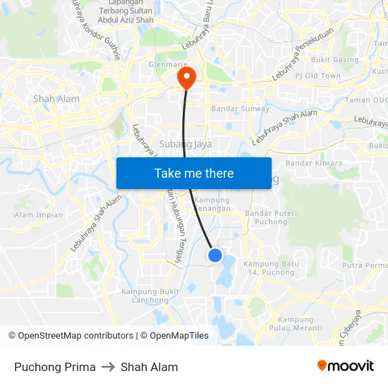 Puchong Prima to Shah Alam map