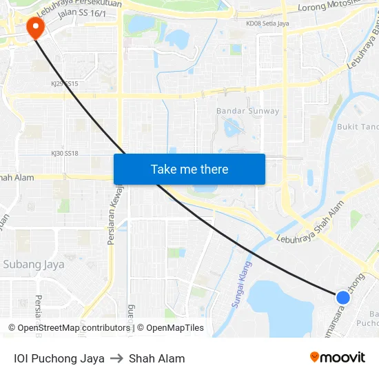 IOI Puchong Jaya to Shah Alam map