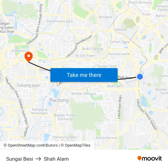 Sungai Besi to Shah Alam map