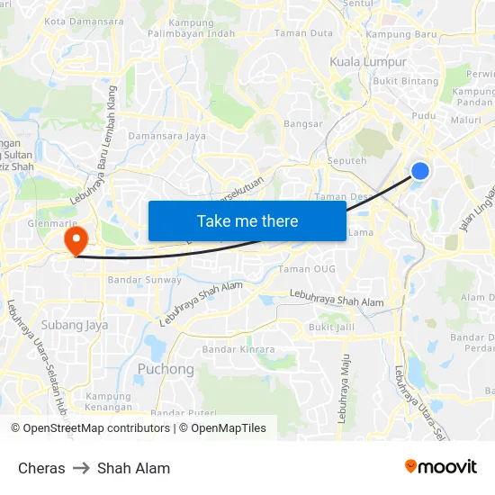 Cheras to Shah Alam map