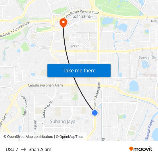 USJ 7 to Shah Alam map