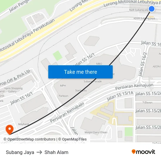Subang Jaya to Shah Alam map