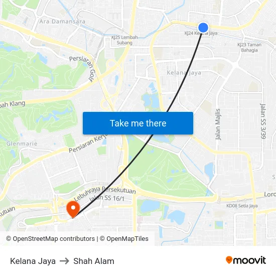 Kelana Jaya to Shah Alam map