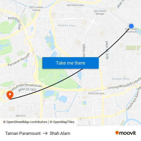 Taman Paramount to Shah Alam map
