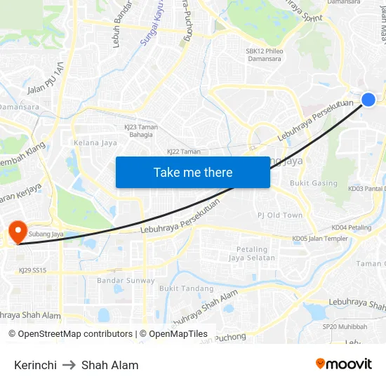Kerinchi to Shah Alam map