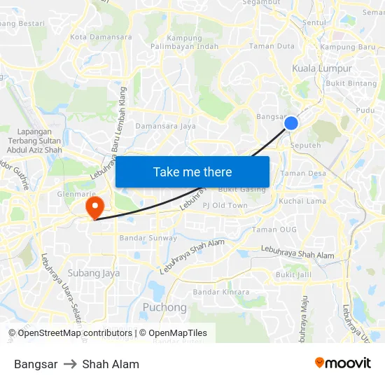 Bangsar to Shah Alam map