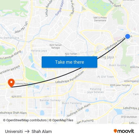 Universiti to Shah Alam map