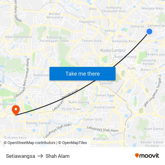 Setiawangsa to Shah Alam map