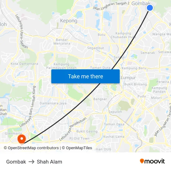 Gombak to Shah Alam map