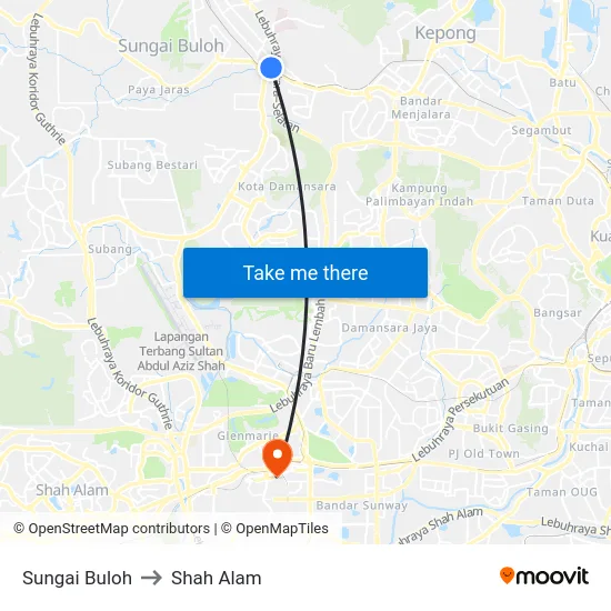Sungai Buloh to Shah Alam map