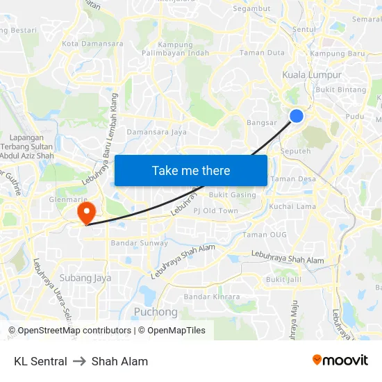 KL Sentral to Shah Alam map
