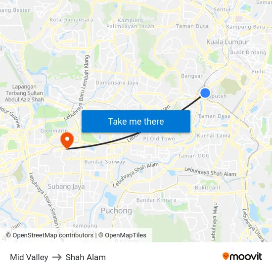 Mid Valley to Shah Alam map