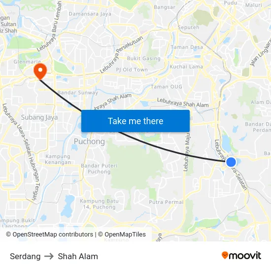 Serdang to Shah Alam map