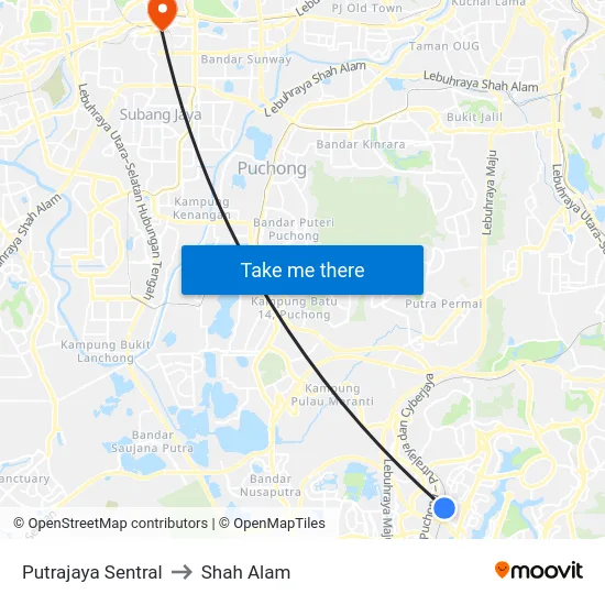 Putrajaya Sentral to Shah Alam map