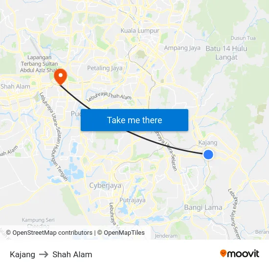 Kajang to Shah Alam map